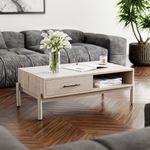 Bme Coffee Table for Living Room, Lyra Solid Wood Rectangle, Mid Century Modern Center Table with Storage, Easy Assembly, Oak Light Grey