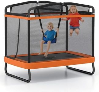 Goplus 6 x 4 FT Rectangle Kids Trampoline, Indoor Outdoor Recreational Trampoline with Swing, Gymnastics Bar & Safety Enclosure Net, ASTM Compliant Gift for Children Boys Girls (Orange)