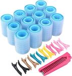 36pcs Self Grip Hair Rollers Set, Hairdressing Curlers (Large, Medium, Small) with 8pcs Clips, Folding Pocket Plastic Comb, Duckbill Clips, Blue (Blue, Medium)