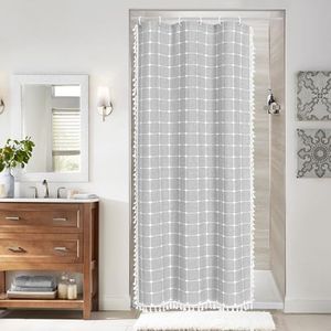 MitoVilla Grey Boho Small Stall Shower Curtain Set 36 x 72, Half Size Narrow Cotton Linen Fabric Shower Curtains for Farmhouse Bathroom Decor, Light Grey