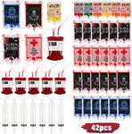 Halloween Blood Bags Party Supplies - 42PCS Blood Bags for Drinks 35 Reusable Blood Drink Pouches +7 Syringes Party Favors, Blood IV Bags for Vampire Zombie Costume Props Halloween Party Decorations