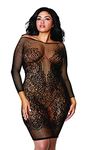 Dreamgirl Women's Plus Size Fishnet & Lace Versatile Long-Sleeved Chemise Lingerie Set, Black, O/S Queen