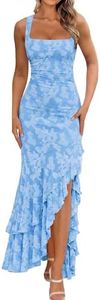 BORIFLORS Women's Elegant Ruched Floral Maxi Dress Mesh Mermaid Ruffle Wedding Guest Cocktail Long Formal Dresses, Large, Baby Blue