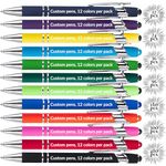 SHIBASHAN Up to 480 Personalised Pens in Bulk, Custom Metallic Printed Name Pens with Black Ink, Customised Pens in Bulk with Stylus - Great Gift Ideas (Silver 12 Colours)