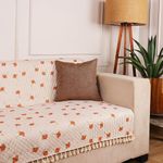 STITCHNEST Quilted Velvet Sofa Cover with Tassels – 70x52 Inch, Orange Floral Print with Stripes, Soft & Elegant, Washable Sofa Protector for 3-Seater