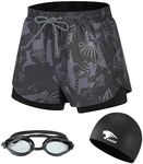 AutoWT Men's Swim Trunks Set, 2 in 1 Beach Pants Quick-Dry Swim Shorts with Compression Liner, Swimming caps and Goggles for Swimming and Diving Beach Dark Grey