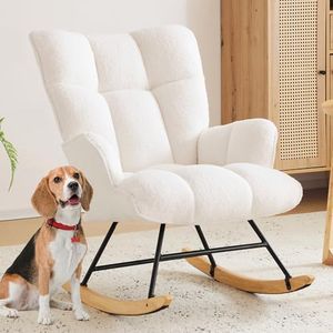 Zedachica Nursery Rocking Chair Teddy Upholstered Glider Rocker Rocking Accent Chair with High Backrest Comfy Armchair with Padded Seat Soft Side Chair for Living Room Bedroom Office (White Teddy)