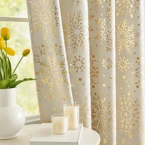 Ivory Gold Blackout Curtains Snowflake Print Curtain Panels for Living Room 63inch Medallion Floral Energy Saving Keep Warm Window Curtains for Winter Bedroom Thermal Drapes for Kids 2pcs