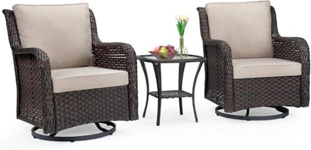 IDEALHOUSE 3 Pieces Outdoor Wicker Swivel Rocker Patio Set, 360 Degree Swivel Rocking Chairs Elegant Wicker Patio Bistro Set with Premuim Cushions and Armored Glass Top Side Table for Backyard (Brown)