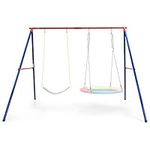 COSTWAY Metal Swing Frame for 2 Swings, A-Frame Swings Stand with Ground Stakes, Carabiners & Foot Caps, Frame Only (Red+Navy)