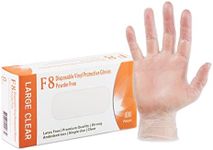 F8 Disposable Vinyl Protective Gloves, Size LARGE and CLEAR, Latex & Powder Free, Multipurpose, Non Sterile, Extra Strong, Food Safe, Protection against bacteria, Ambidextrous, Easy fit