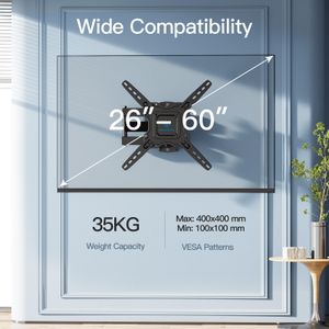 PERLESMITH TV Wall Mount Bracket for 26-60” Plasma & Curved TVs – Tilt, Swivel, Extension, Max 35kg, Universal VESA 400x400