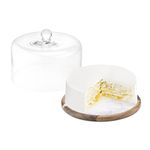 Navaris Marble & Acacia Cake Stand With Dome - Glass Dome And Marble Cake Plate, 11" x 7.5" (28 x 19.3cm)