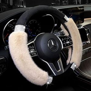 Achiou Rhinestone Fluffy Steering Wheel Cover - Comfortable Non-Slip Luxury Faux Wool, Universal Fit for 14.5" to 15" Steering Wheels