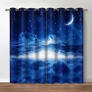 Jekeno Star Night Sky Blackout Curtains Moon and Foggy Clouds Landscape Theme Print Decor Home Bedroom Living Room Darkening Grommet Window Drapes 2 Panel Set, Blue 52"x84"