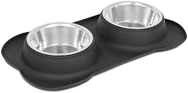 INTERNET'S BEST Bone Dog Bowl Set - Double Stainless Steel Food and Water Bowls with Non-Slip Silicone Stand - No Spill Pet Feeding Station - Durable Dog Dish Holder Set - Medium/Large, Black