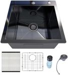 Davivy 18 Inch Black Kitchen Sink, 18x18 Inch Single Bowl Drop in Sink, Black Stainless Steel Deep Prep Sink with Multiple Accessories