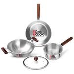 Milton Pro Cook Triply Stainless Steel 4 Pc Cookware Set | 24cm Kadai with Lid, 22cm Frypan, 16cm Tea Pan | Induction & Gas Compatible | Fast Heating | Sturdy Wooden Handle | 3-Year Warranty - Silver