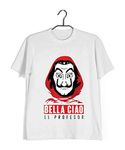 Aaramkhor Men's Round Neck Half Sleeve Bella Ciao El Professor with Mask TV Series T-Shirt (White, Medium, 40)