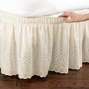 Collections Etc Eyelet Floral Scalloped Elastic Dust Ruffle Bed Skirt, Wrap-Around Easy Fit Design, Ivory, Queen/King