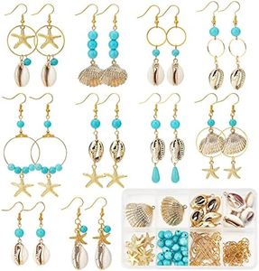 SUNNYCLUE 1 Box 10 Pairs DIY Turquoise Dangle Making Starter Kit Natural Shell Charms Ocean Charms Bulk Glass Beads for Jewelry Making Kits Beginners Women Adults Summer Hwaii Earrings Craft Supplies