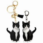 sunaeset cute tuxedo cat keychain, kawaii bag charm car key chain accessories for backpack, animal kitty keychain purse charms, cat lover gifts for women (2 Pcs), Black, Small