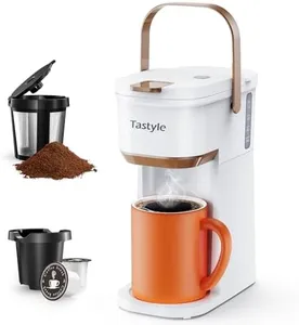 Tastyle Single Serve One Cup Coffee Maker, for K Cups and Grounds, Mini Coffee Maker with Portable Handle, 6 to 12 Oz Brew Size, for Travel, Camping, Office, RV and Dorm, White and Brown