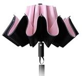 77Mall 10 Ribs Inverted Folding Umbrella Windproof Travel Portable Reverse Umbrella with Reflective Stripe Auto Open and Close for Women Men Travel Outdoor (Pink)