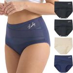 newnice Slight Tummy Control Underwear for Women - 4 Pack High Waisted Stretch Postpartum Briefs - Shapewear Panties (CA/US, Alpha, Medium, Regular, Regular, Black, Black, Beige, Blue)