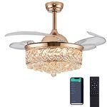 DuMaiWay 36" Dimmable Fandelier Crystal Ceiling Fans with Lights and Remote Modern Invisible Retractable Blades Chandelier Fan LED Ceiling Fan Light Kit for Bedroom