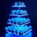 Ulifeme 4 Tier Cupcake Stand Acrylic Square Tower Display with Blue LED String Light, Cake Holder Dessert Tree Tower for Birthday, Wedding, Graduation, Anniversary, Party Decoration, Dia 15/20/25/30cm