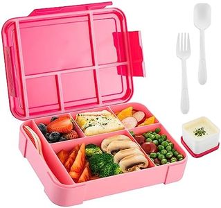 Bento Lunch Box for Kids & Adults - Lunch Container with Sauce Jar, Spoon & Fork 5-Compartment, Leakproof Lunchbox Microwave and Dishwasher Safe BPA-Free with Dividers for Adults Kids (Pink)