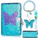 5 Pcs Journal for Girls Gifts Set Butterfly Reversible Flip Sequin Notebook Purple to Blue Secret Diary with Lock Spiral Pencil Case Glitter Keychain Pendant Bracelet Multicolor Pen for Kids Girls