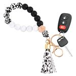 WLLHYF 1 Pcs Silicone Key Ring Bracelet Wristlet Keychains Beaded Bangle Bracelet for Women Beaded Keychain with Leather Tassel Portable Phone Car Keys Decor