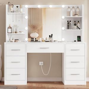 FIONESO Large Makeup Vanity, 42.1" Vanity Desk with Mirror and Lights, Makeup Vanity Table with 7 Drawers, 4 Shelves, 5 Jewel Hooks & Power Strip, Vanity Desk Set for Bedroom, White