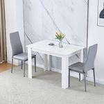 Modern White Dining Room Table Wooden and Grey Pu Leather Chairs Set of 2 for Small Space, 5pcs Kitchen Rectangular Table with 2 Chairs Set Space-saving (white table and 2 grey leather chairs)