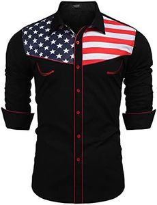 Coofandy Men's American Flag Shirts Casual Long Sleeve Western Button Down Shirt, Black, X-Large