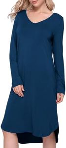 GYS Womens Bamboo Viscose Long Sleeve Nightgown Soft Comfy V Neck Long Night Shirts Sleepwear, Ink Blue, Large