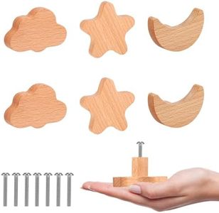 6 Pcs Wooden Cabinet Knobs, Childrens Wooden Drawer Handles with Screws Smooth Edge Decoration Cartoon Clouds, Stars and Moon-Shaped Cabinet Door Handles for Decorating Cabinets,Drawers and Wardrobes