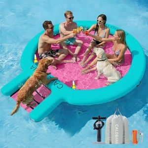 CALOBANA 10FT Water Hammock with Ramp, Inflatable Round Floating Ring with Ladder for Adults Pets, Heavy Duty Floating Dock with Dog Ramp Cup Holder Tanning Raft for Lake, River, or Boat Party