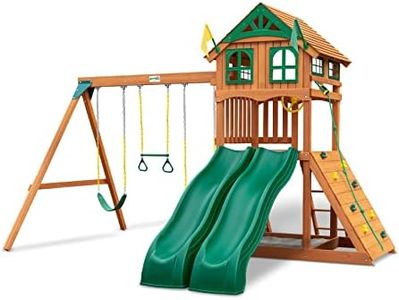 Gorilla Playsets 01-1087 Avalon Wooden Swing Set with Wood Roof, Two Slides, Climbing Wall, Ladder, and Swings, Cedar