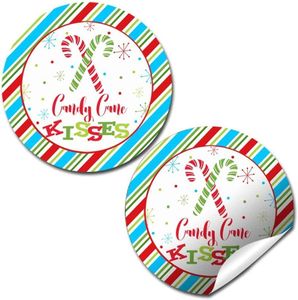 Candy Cane Kisses Christmas Thank You Sticker Labels, 40 2" Party Circle Stickers by AmandaCreation, Great for Party Favors, Envelope Seals & Goodie Bags