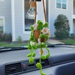 Car Mirror Hanging Accessories ， Car Rearview Mirror Decor，Cute Crochet Orchid Hanging Ornament for Women, Pendant Plant for Gift-Handmade Knitted(White Flowers)