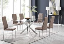 Furniturebox UK Leonardo 6 Clear Glass and Chrome Metal Modern Stylish Dining Table and 6 Stylish Milan Dining Chairs Set (Dining Table + 6 Cappuccino Grey Milan Chairs)