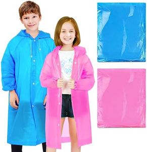 BFONS 2 Pcs Rain Ponchos for Kids Reusable, EVA Raincoats for Boys Girls with Drawstring Hood and Sleeves, Waterproof Rain Coats