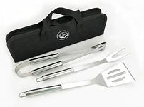 NewlineNY Stainless Steel BBQ Grill Tool Kit 3 PCS Set : Tong, Meat Fork, Spatula + Black Carrying Bag for Picnic Camping Travel Cooking Grilling