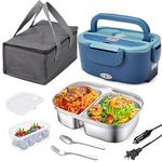 Kabbas Electric Lunch Box Food Heater with 2 Compartments, 80W Portable Heated Lunch Box for Adults, 12V 24V 110V Self Heating Lunch Box for Work Car Truck with 1.5L Removable 304 SS Container