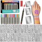 Temporary Tattoo Markers for Skin, 12 Metallic Markers + 160 Tattoo Stencils, Tattoo Markers for Kids Adults Women Teens Body Markers, Cosmetic Tattoo Pens for Skin DIY Body Art Face Painting