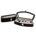 Black Leather 6 Watch Case with Glass Top and Locking Clasp. Pigskin Leather Lined