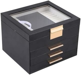 BOOVO Jewelry Box with Glass Lids,White and Black Large Jewelry Boxes for Women 4 Layer Jewelry Holder Organizer for Necklace, Bracelet, Earrings, Rings Storage (Black)